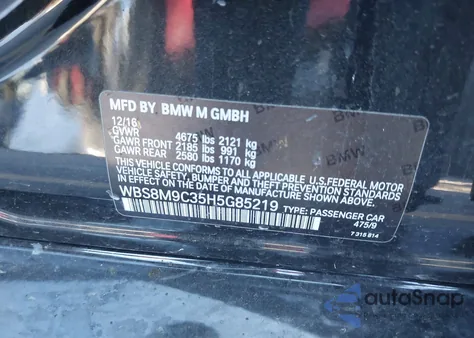 2017 BMW M3 z USA, uszkodzony, nr VIN WBS8M9C35H5G85219